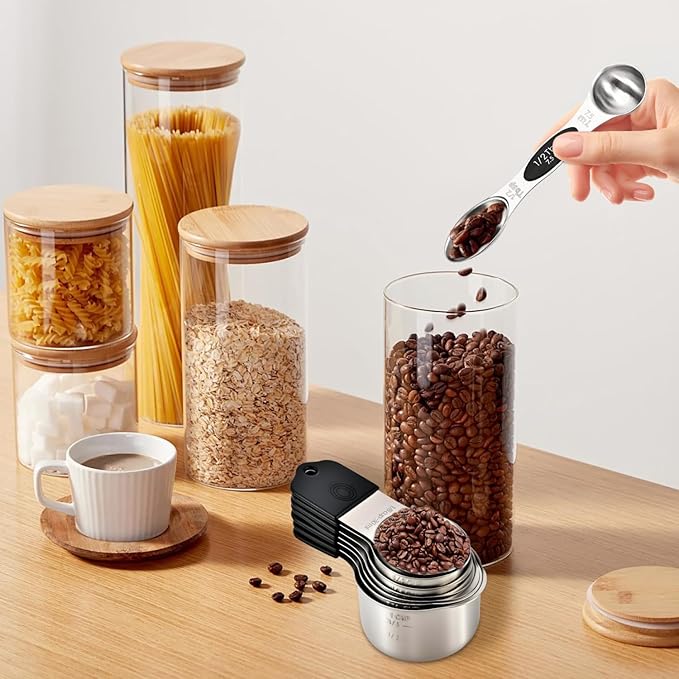 16-Piece Magnetic Measuring Cups and Spoons Set, Stainless Steel with Non-Slip Silicone Handles and Leveler, Essential Kitchen Baking Tools (Black)