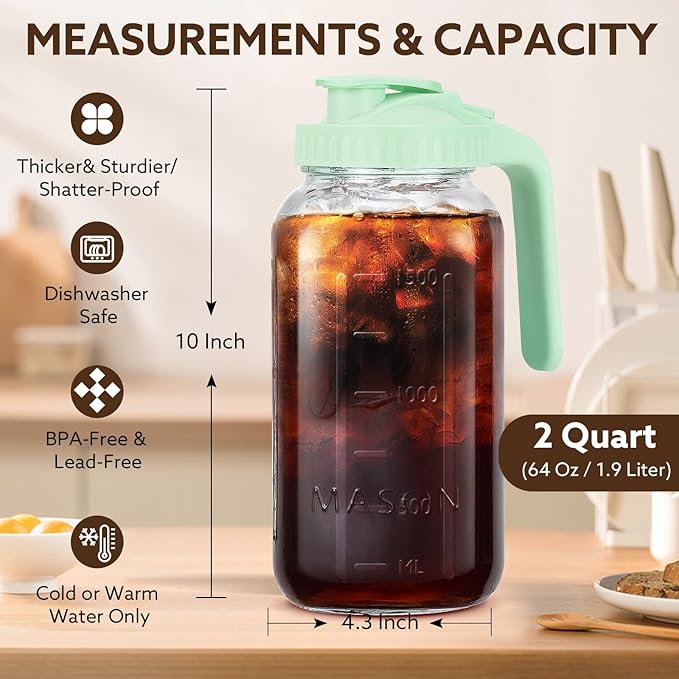 Mihlapi Glass Pitcher with Lid, 64 OZ Mason Jar Pitcher Double Leak Proof, 2 Quart Breast Milk Storage Containers for Fridge, Wide Mouth Glass Jar for Sun Tea, Juice, Cold Brew Coffee