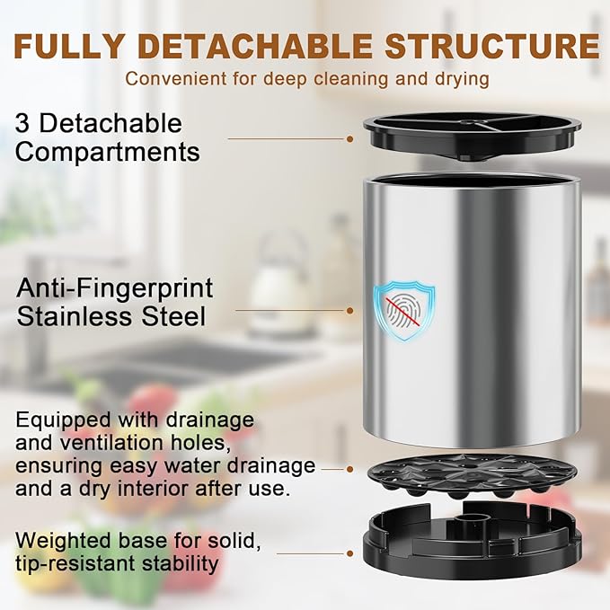 Extra Large Utensil Holder for Kitchen Counter, 360°Rotating Cooking Utensils Holder for Countertop, Stainless Steel Utensil Crock for Spatula,Spoon, 3 Compartment Metal Silverware Crocks for Flatware