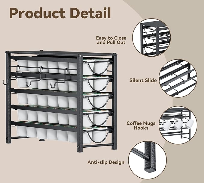 HFHOME Coffee Pod Holder For Counter, Pod Holder for K-cups, 5-tier Metal Coffee Capsule Storage Drawer, 70 Capacity Pods Organizer for Cafe Counter, Home, Office or Kitchen,3 cup rack, Black