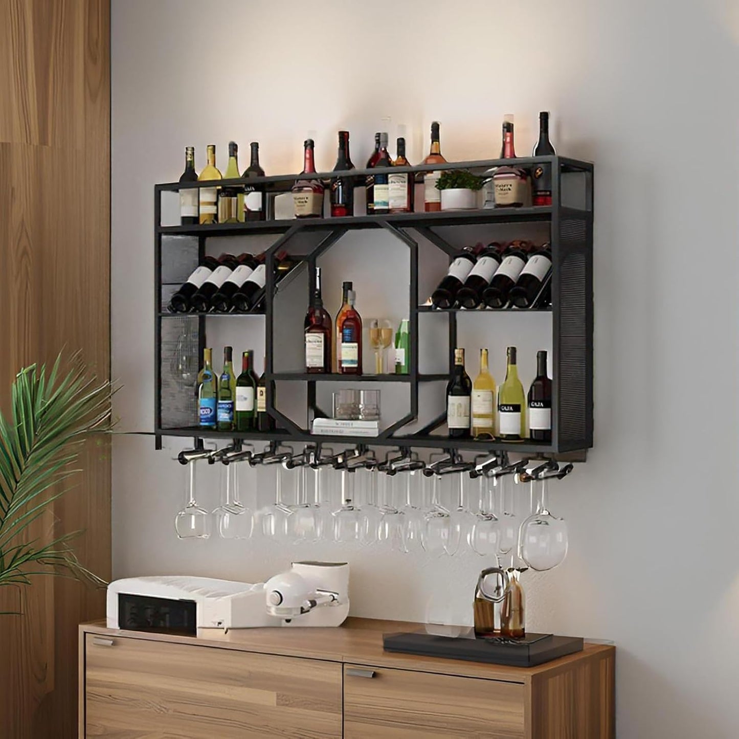 Wall Mounted Wine Rack, 3-Tiers Metal Bar Bottle Holder, Modern Wine Glass Storage Display Shelves, Wall Wine Rack for Kitchen Bar Dining Rooms Decoration ﻿ (Gold, 47.24in/120cm)
