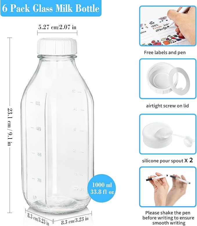 Liter Glass Milk Bottles w 100% Airtight Heavy Duty Screw Lid & 2 Dispenser- 6 Pack 32 Oz Drinking Jars - Food Grade Glass Bottles for Milk, Honey, Jam - Dishwasher Safe(Extra 2 Lids and Stickers)
