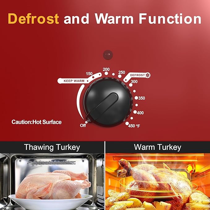 Royalcraft Roaster Oven with Self-Basting Lid, 18qt Electric Roaster with Removable Pan & Rack, Turkey Roaster Oven with Defrost & Warm Function, Stainless Steel, Red