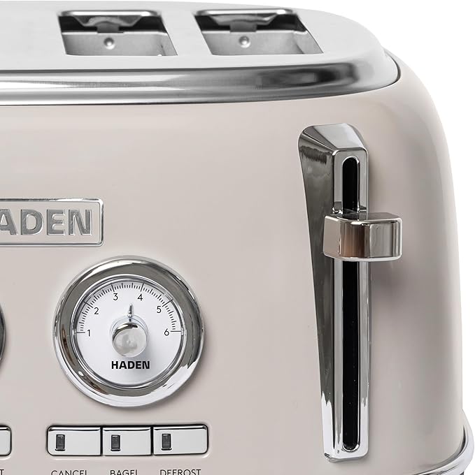 Haden Dorset 4 Slice Wide Slot Stainless Steel Toaster with Adjustable Browning Control & Non-Slip Feet, Putty & Chrome