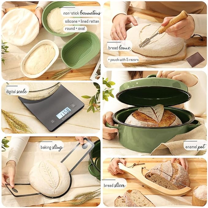CraftZee All-Inclusive 𝗣𝗥𝗘𝗠𝗜𝗨𝗠 Sourdough Starter Kit with Pot, 34 Oz Starter Jar, 4 Banneton Bread Proofing Baskets, Scraper, Scale, Sourdough Bread Baking Supplies, Beginner Guide & Recipes