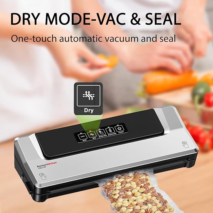 Bonsenkitchen Vacuum Sealer Machine, Fast-Compact Food Sealer, Multi-Functional Food Vacuum Sealer with 5 Vacuum Bags & Accessory Hose, Technology for High-Speed Continuous Working, Silver