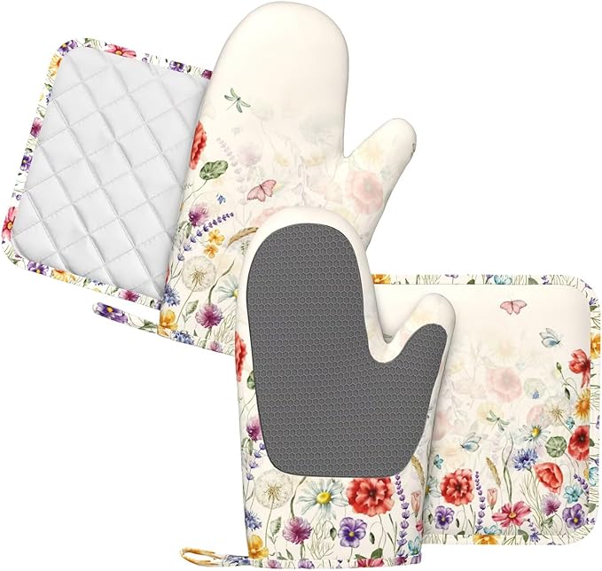 Watercolor Florals Oven Mitts and Pot Holders Sets Silicone Wildflowers Kitchen Oven Mitts Hot Pads Heat Resistant Colorful Flowers Butterfly Potholders Kitchen Mitts Set for Baking Cooking