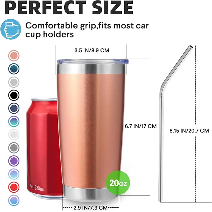 Volhoply 20oz Stainless Steel Tumbler with Lid and Straw Bulk 8 Pack,Double Wall Insulated Travel Ice Coffee Mug Fits Cup Holder,Powder Coated Cups for Hot/Cold Drinks,Christmas Gifts（Rose Gold,8 Set）