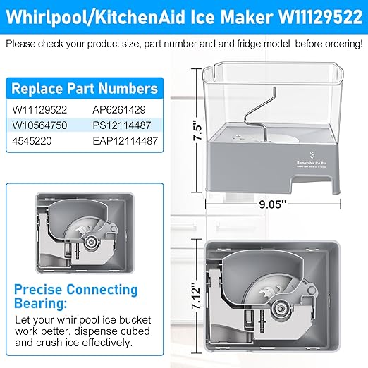 Upgraded W11129522 Refrigerator Ice Bucket Compatible with KitchenAid Ice Maker Replacement W10564750 Whirlpool Removable Ice Bin KRFF707ESS01 KRMF706ESS01 Kitchenaid Ice Bucket Ice Container Ice Tray