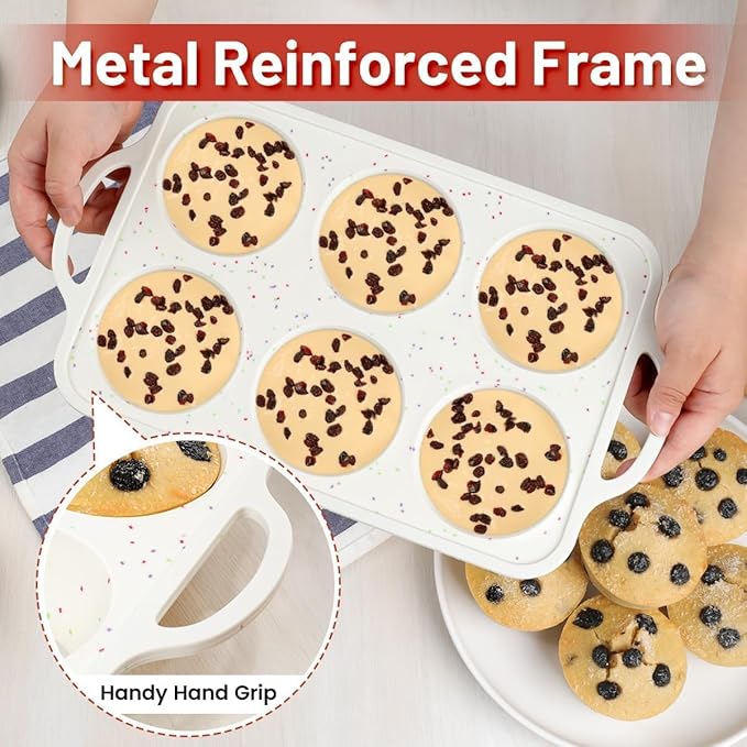 CAKETIME Large Muffin Pan, Metal Reinforced Frame 3.5 Inch Jumbo Silicone Muffin Pan Nonstick 6 Cups for Baking Jumbo Muffin, Frittatas, Jumbo Cupcakes 2 Pack Confetti