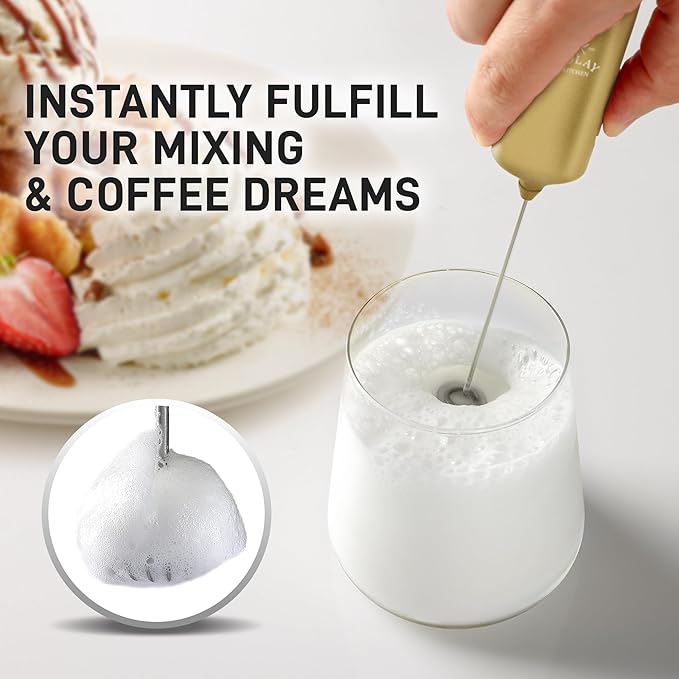 Mini & Mighty Milk Frother Wand – Powerful Handheld Coffee Frother, Battery Operated Drink Mixer – Compact Pocket Size – Detachable Whisk for Latte, Cappuccino, Matcha, Hot Chocolate – Gold