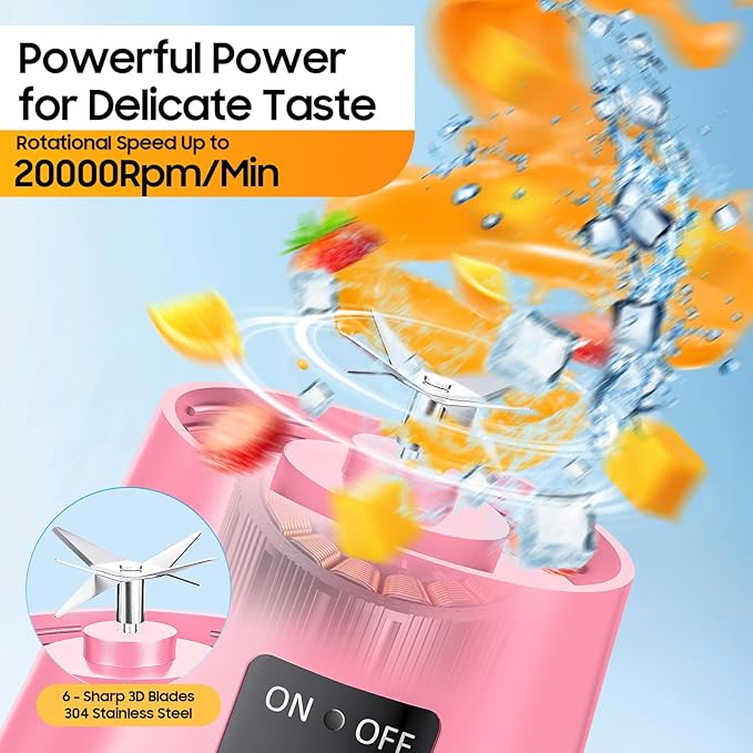 Portable Blender for Smoothies & Shakes - Cordless Personal Size Blender with 6 Blades, 380Ml Juice Cup, Lightweight & Rechargeable, Freshly Squeezed for Picnic/Sports/Office, Mother's Day