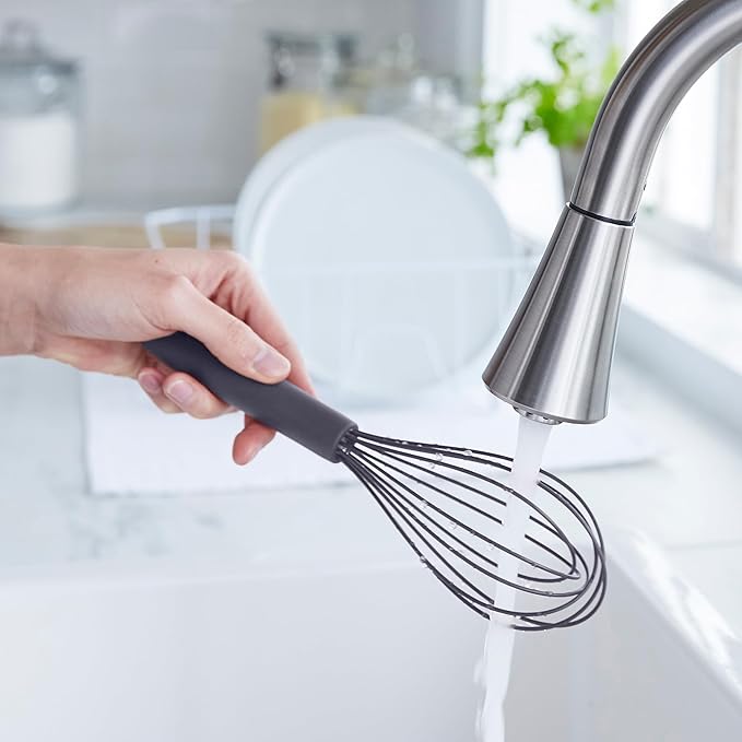 GreenPan Silicone Whisk, Mixing Blending Beating Stirring Cooking Kitchen Utensil, Flexible Rubber Nonstick Cookware, Rigid Steel Core, Heat-Resistant, Anti-Slip Handle, BPA-Free Dishwasher Safe, Gray