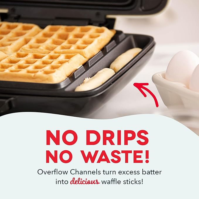 Dash No-Drip Waffle Maker - Makes Four Waffles at Once for Hassle-Free Breakfasts - Dual Nonstick Heating Plates & Quick Heat-Up System - Easy-Release Surface - Silver