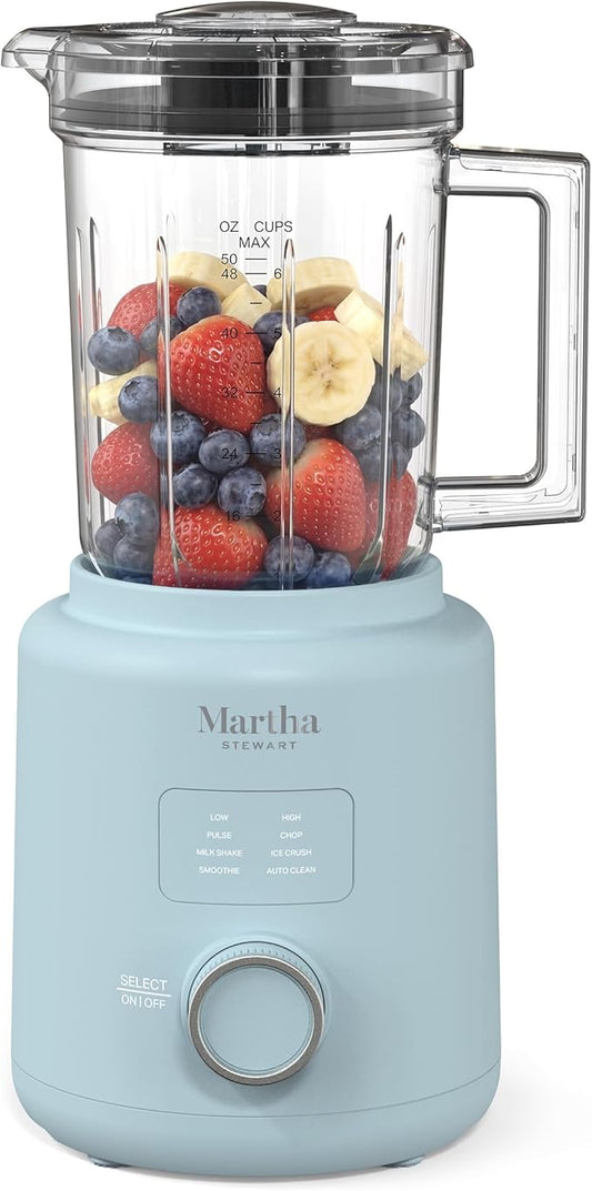 Martha Stewart 50oz Countertop Blender, Smoothie, Margarita & Ice Crushing Blender, BPA-Free Pitcher, 3 Speeds, 5 Presets, Auto-Clean Function, Dishwasher Safe, Stainless Steel Blades, Sky Blue
