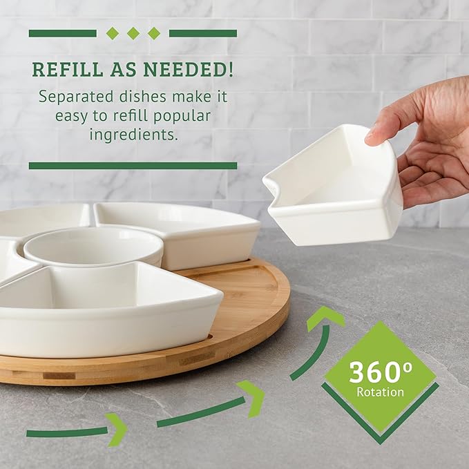 Ceramic Taco Serving Platter - Divided Serving Tray for Taco Tuesday Lazy Susan Taco Bar - Chip and Dip Serving Set for Party - Appetizer Serving Tray for Salsa, Snacks (13 in)