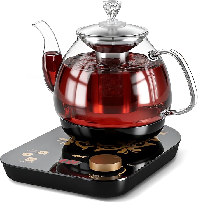 HHT Electric Tea Maker with Infuser, ±1℉ Precise Temperature Control, Glass Electric Kettle for Herbal,Flowers,Fruit Tea and Loose Leaf,BPA-Free,Auto Shut-Off,Brewing Program,Keep Warm,0.8L/27oz Black