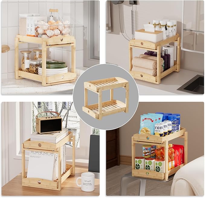 Bamboo Wood Under Sink Organizer 1 Pack, Pull Out Cabinet Organizer 2 Tier Under Sink Organizers and Storage with Sliding Drawer Sturdy Easy Assembly for Kitchen Bathroom Undersink (Nature, 2 Packs)