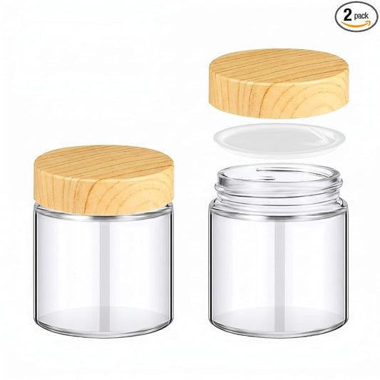 Norme 2 Pcs Glass Jars with Lids, Empty Glass Containers with Woodgrain Lids & Inner Liners, Reusable for Storing Creams Lotions Cosmetic Powder Ointments Candle Making (4 oz,Natural Wood)