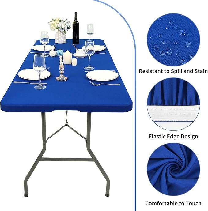 6 Pack Stretch Fabric Table Top Cap Cover, fits 8' Tables, Spandex Table Covers Washable Elastic Rectangle Tablecloth Protector for Indoor Outdoor Party Picnic Wedding, Royal Blue, 30" W x 96" L