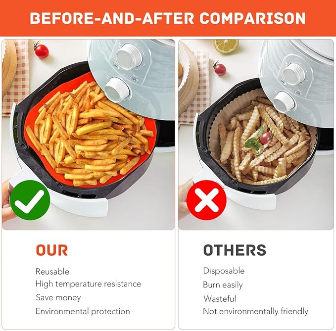 Silicone Air Fryer, 7.1-Inch Square Bacon Baking Pans, 4-5QT Reusable Basket Inserts Ninja Fryer Cooker for Microwave Oven Basket Tray Accessories, Non-Stick