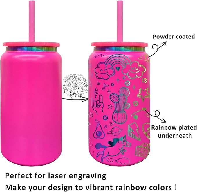 Glass Cups with Lids and Straws, 16 oz Stainless Steel Cups, Insulated Skinny Tumbler, Powder Coated Travel Mugs for Laser Engrave, Iced Coffee Cup for Smoothie Water DIY Gift (Rosy,1 pack)