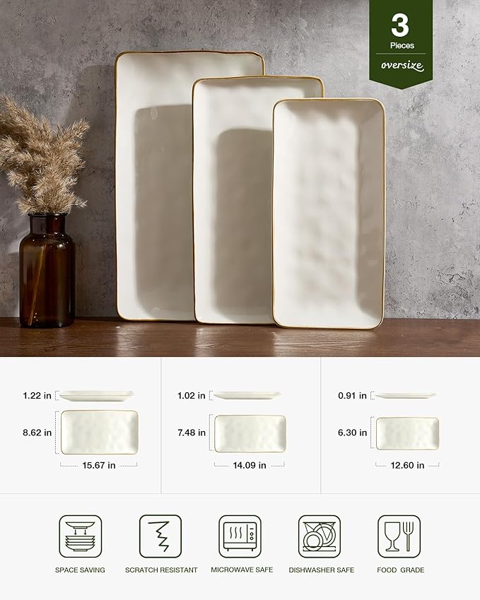 famiware 3 Pcs Rectangular Serving Platter and Dinnerware Set for 4 (12Pcs), Vanilla White