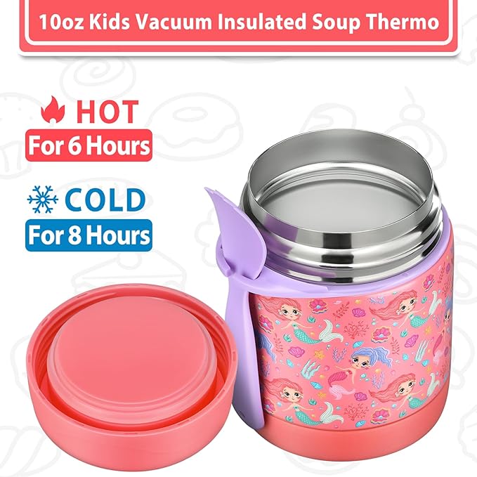 10oz Soup Thermo for Hot Food Kids,Lunch Thermo Kids Food Jar with Spoon Hot Insulated Food Containers,Leak Proof Stainless Steel Wide Mouth Lunch Thermo Jar for School(Pink-Mermaid)