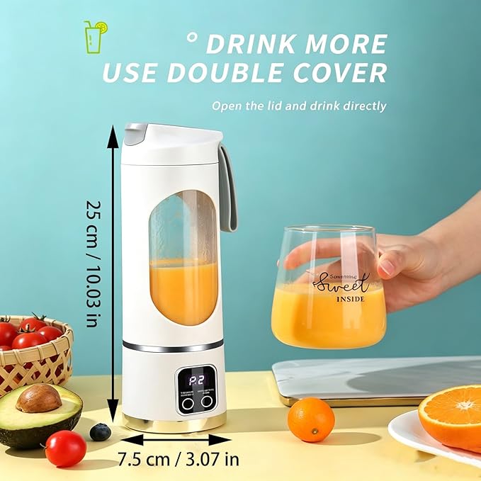 Portable 16oz Cordless Blender, USB Rechargeable Personal Smoothie Maker Cup, High Speed Compact Mixer for Ice, Fruit & Protein Shakes, Travel Friendly Bottle with Drinking Lid, Easy Clean