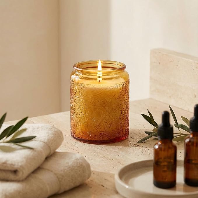 Art Secret 9-Pack 8oz Embossed Glass Candle Jars with Lids and Labels - Sun Moon Stars Design (Orange)
