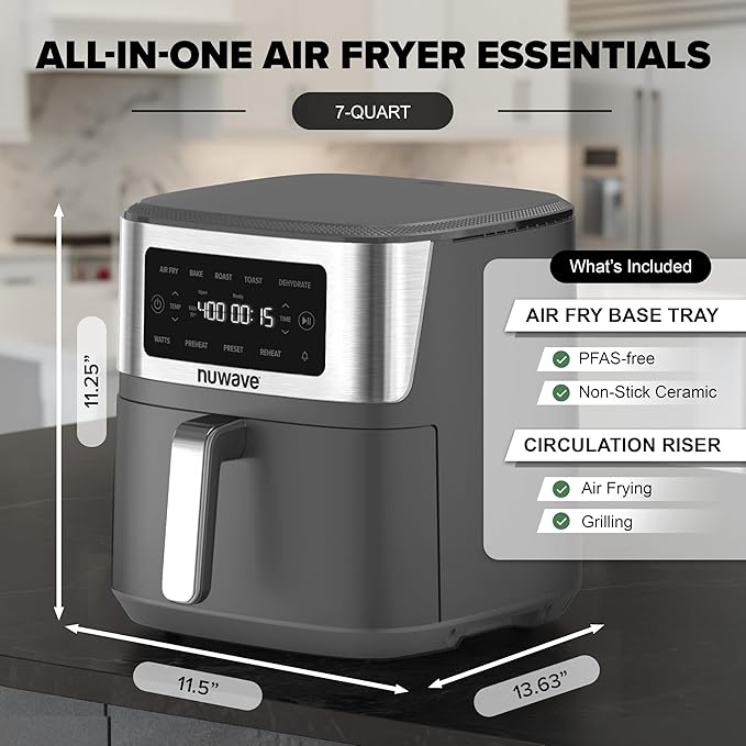 Nuwave Brio Plus 6-in-1 Air Fryer, 7-Qt Large Capacity, 50°F–400°F Precise Temp Control, Non-Toxic PFAS-Free Nonstick, Air Fry, Bake, Roast, Toast, Dehydrate, Reheat, 100 Presets, Dishwasher Safe