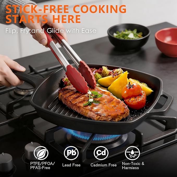 6 Piece Pre-Seasoned Cast Iron Cookware Set – Incl. 5QT Dutch Oven with Lid, 8'' and 10.25'' Cast Iron Skillets, 10.5'' Round Griddle, and a Square Grill Pan for Kitchen, Stovetop, & Camping