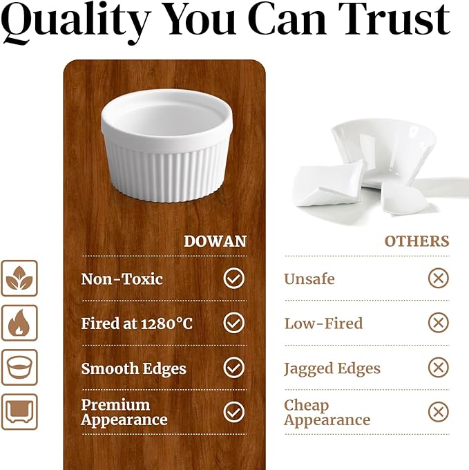 DOWAN Ramekins 4 oz Oven Safe for Creme Brulee Souffle, Porcelain Custard Cups Ramiken for Baking, Small Bowls Dipping Sauce Dish Classic Style, Set of 6, Soft White
