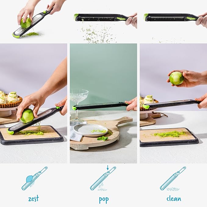 Dreamfarm Ozest Self-Cleaning POP-Button Zester for Fine, Fluffy Citrus Zest, Cheese, Nut, & Spices with Non-Slip Silicone Foot - 1mm Zester, Black/Green