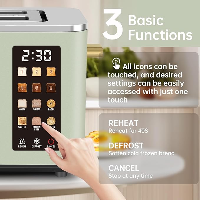 SEEDEEM Toaster 2 Slice, Touch Control Screen, Smart Stainless Toaster, 6 Shade Setting, 6 Bread Selection, Countdown, Removable Crumb Tray, 900W, Mint Green