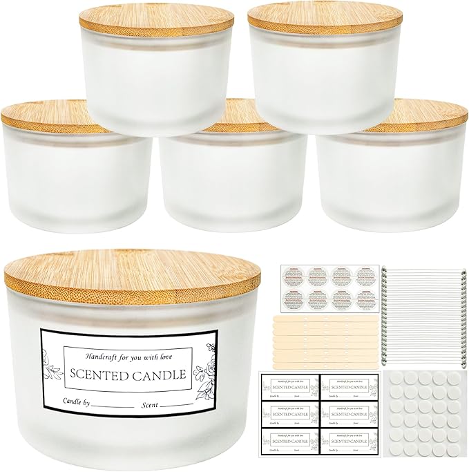 CONNOO 24oz Frosted Glass Candle Jars 6 Pack, Multi-Wick Wide Mouth Empty Bulk Candle Containers for Making Candles with Airtight Bamboo Lids, Sticky Warning Labels, Wick kit- Dishwasher Safe