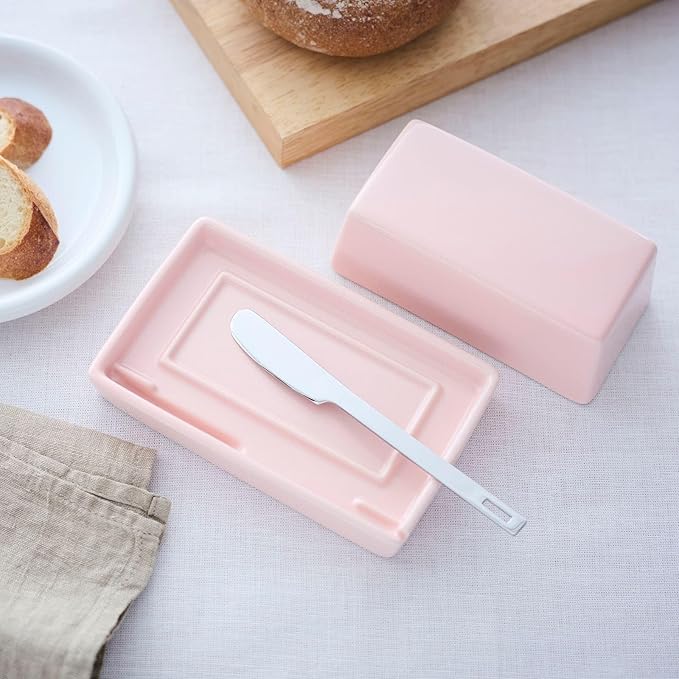 ZERO JAPAN Compact Butter Dish for Countertop, Fits West Coast Butter Sticks (Stubby Size), Ceramic Butter Keeper with Lid, Space-Saving Design, Made in Japan, Pink