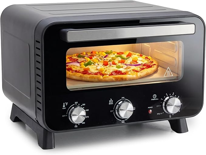 Simple Deluxe 1600W Indoor Electric Pizza Oven, 4 Cooking Modes for 12" Pizza, Fast Heating with Dual Independent Temp Control, Includes Pizza Stone & Spatula, Black