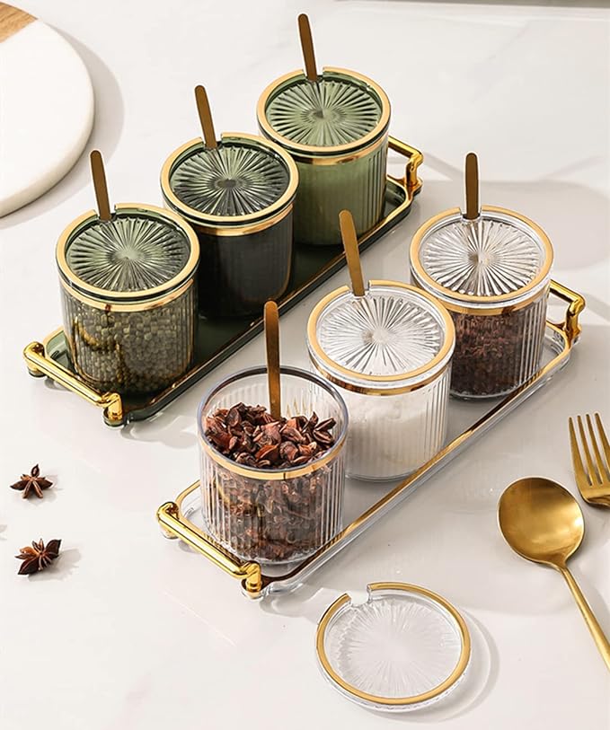 Acrylic Condiment Spice Jars and Box with Lids, Spoons, Tray - 3 Pack, Clear Plastic Canisters, Seasoning Box Set for Salt, Paprika, Sugar - Kitchen Storage