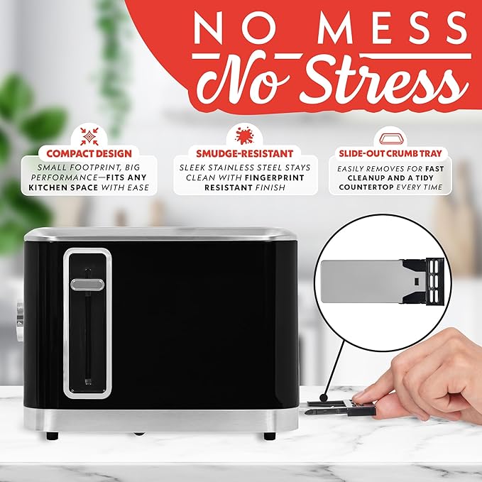 Gourmia 4 Slice Toaster, Double-Sided – Dual Independent Controls, Bagel, Defrost & Reheat Mode, 6 Browning Levels, Extra Wide Slots, Removable Crumb Tray, Compact Design, Black