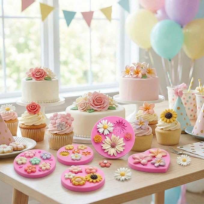 5 Pcs Flower Fondant Molds Flower Rose Daisy Silicone Chocolate Mold for Candy Fondant Polymer Clay Soap Ice Cube Crafting and Cake Cupcake Decoration