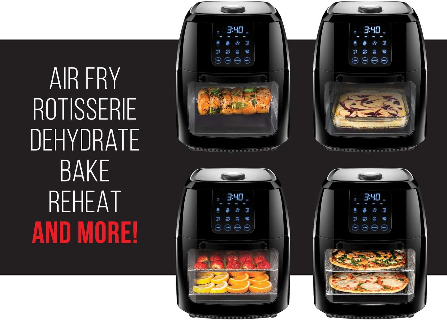 Chefman Compact 6.3-Qt 4-In-1 Digital Air Fryer+, Rotisserie, Dehydrator, Convection Oven, XL Family Size, 8 Touch Screen Presets, BPA-Free, Auto Shutoff, Accessories Included, Black