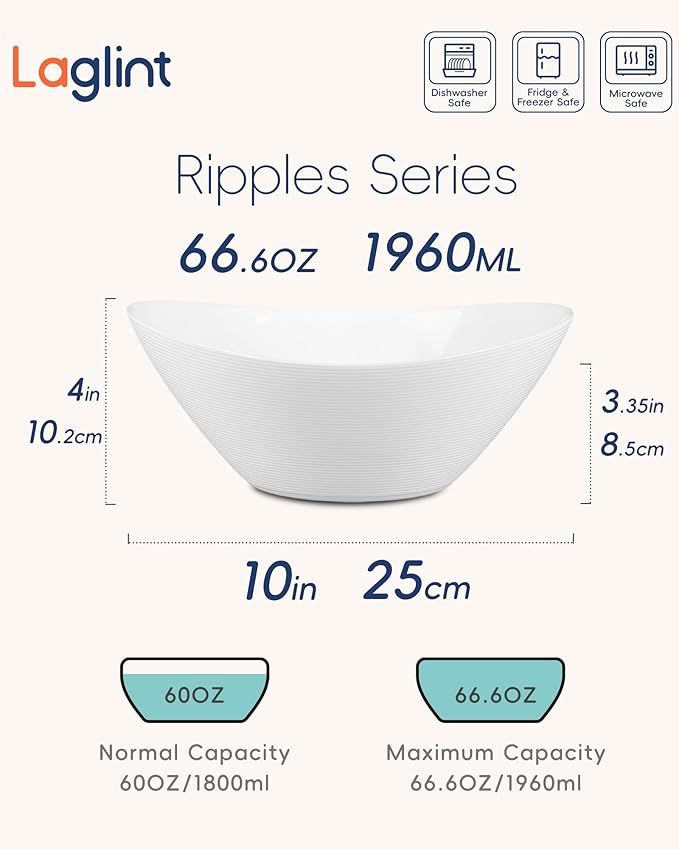 66 OZ Salad Bowl Set of 2, Opal Glass 10 inch Lightweight Serving Dishes for Salad, Fruit, Kitchen Microwave & Dishwasher Safe, Oval Shape White