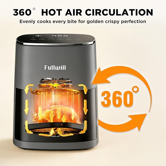 Fullwill 6QT Air Fryer with Viewing Window,12-in-1 Multi-Function Air Fry,Roast,Bake, Dehydrate, Fries,Nonstick and Dishwasher-Safe Basket,Family&friends Party,Max 400℉ Crisping 1700W,Gray