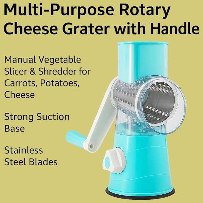 Rotary Cheese Grater, Kitchen Grater Vegetable Slicer with 3 Drum Blades, Manual Vegetable Slicer & Shredder for Vegetables and Nuts – Strong Suction Base & Stainless Steel Blades