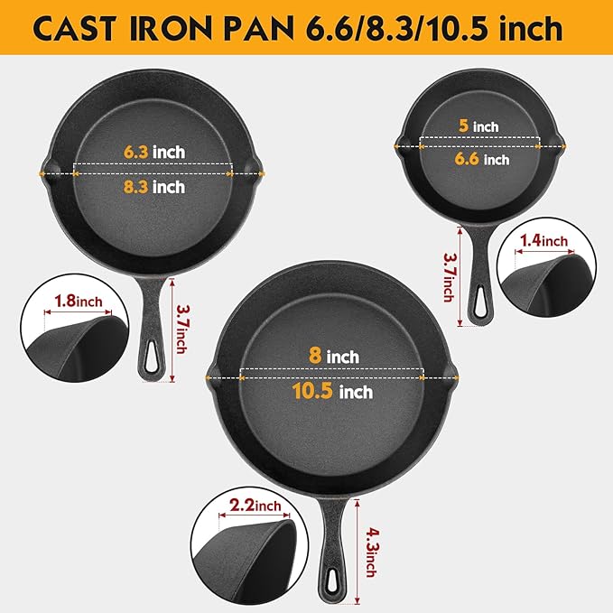 Pre-Seasoned Cast Iron Skillet Set - 3 Piece Frying Pan With Heat-Resistant Handles (6, 8, 10 Inch) for Frying, Saute, Pizza, Oven Safe (Black)