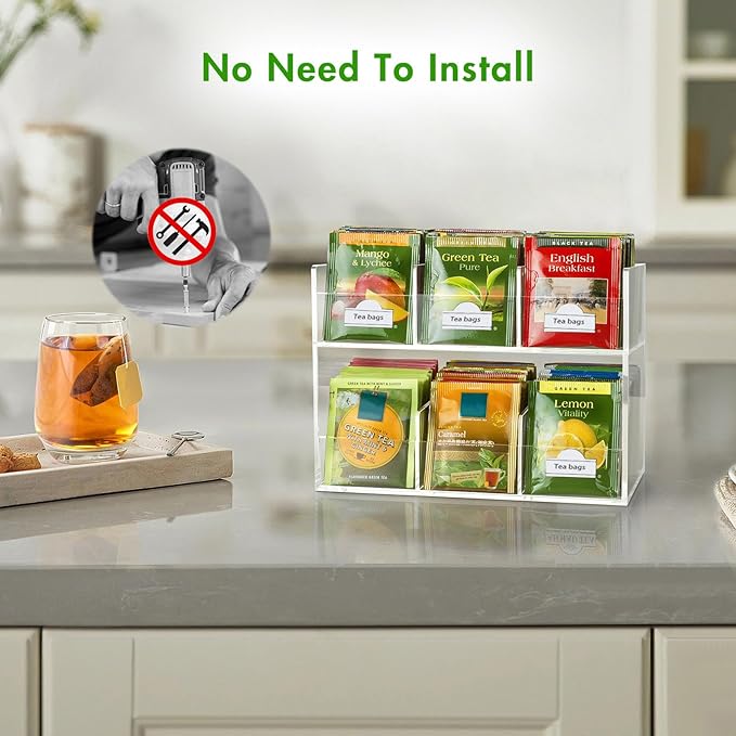 BEYGORM Acrylic Tea Bag Organizer for Tea Packets, No Assembly Required Display Holder for Countertop, Vertical Tea Bag Caddy for Cabinet, Tea bar Accessories, Teabags Storage Containers