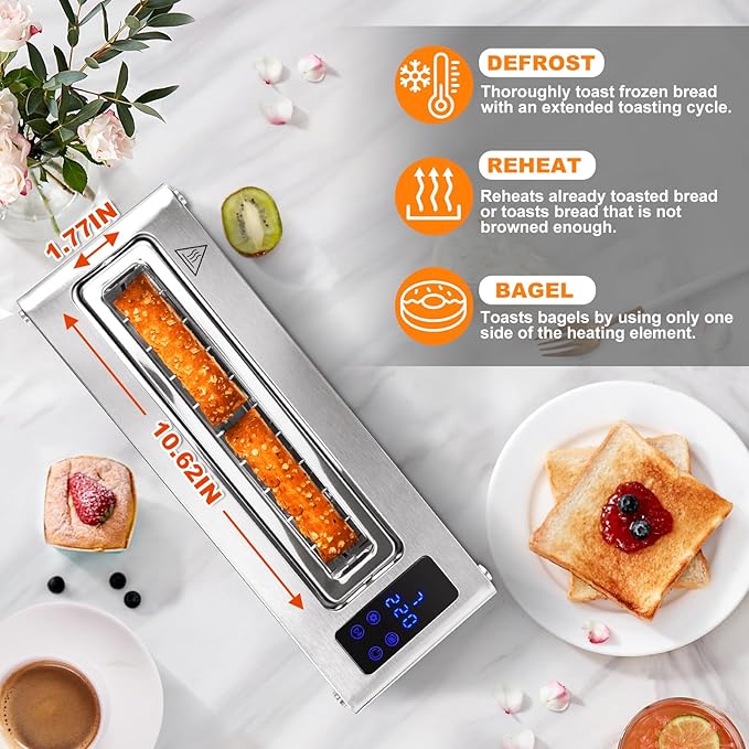 CUSIMAX Toaster 2 Slice Long Slot with Clear View Glass Window,One Touch Digital Control Presets with Automatic Lifting,Slide-out Glass Panel and Easy Clean Up Crumb Tray