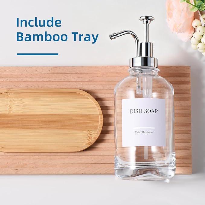 Glass Soap Dispenser with Pump, Dish and Hand Soap Dispenser for Kitchen Bathroom Set, Clear Glass Dispenser Set of 2 Pack with 18 Stickers Funnel Bamboo Tray 500ml 18oz / Each Bottle Sliver Pump