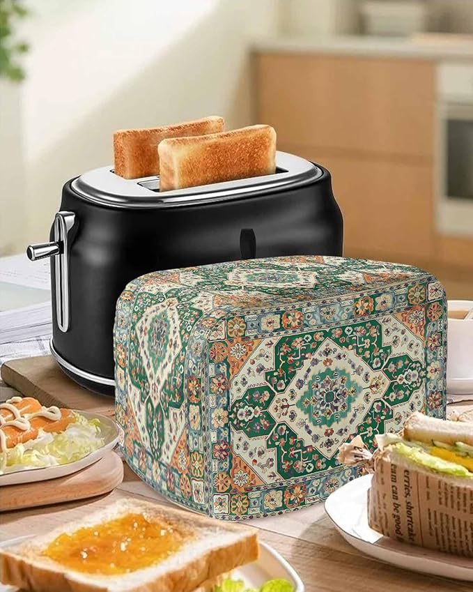 Green Orange Beige Boho Toaster Cover 2 Slice, Retro Ethnic Tribal Dustproof Bakeware Oven Protector with Top Hook, Abstract Art Waterproof Small Kitchen Appliance Toasters Dust Cover, 12"x7.5"x8"
